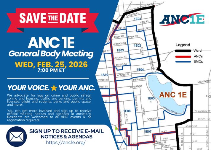 Save the Date graphic promoting ANC 1E's next meeting on Wednesday, Feb. 25, 2026
